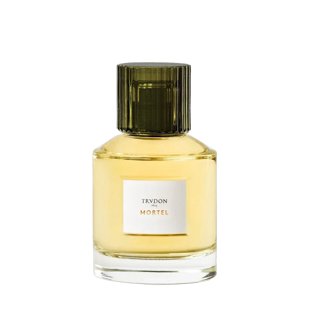 Parfümflakon "MORTEL" von Trudon, mit einem transparenten, leicht gelblichen Flakon und einem dunkelgrünen Verschluss.