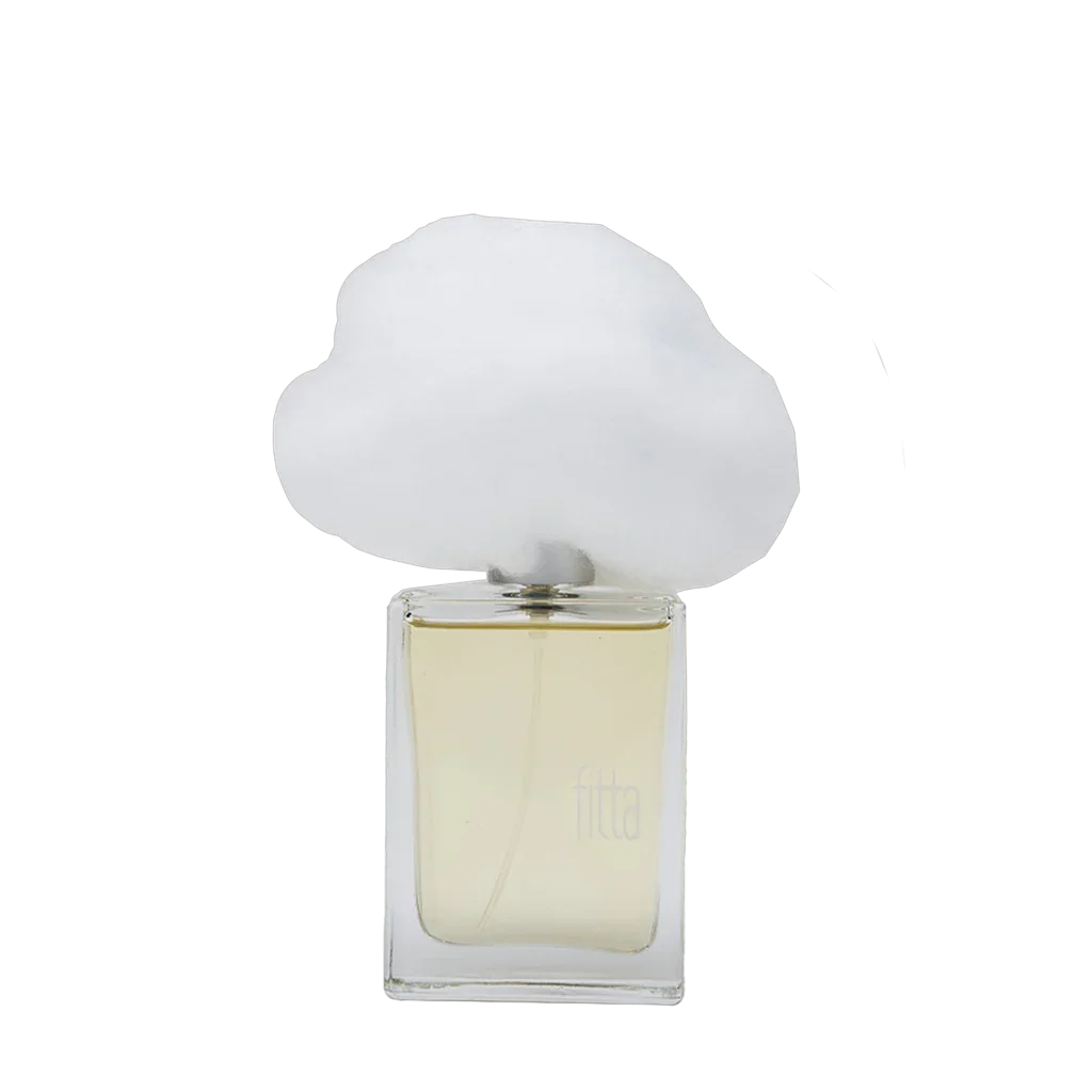 Parfümflasche "NEBBIA FITTA" von Filippo Sorcinelli mit einem wolkenförmigen weißen Verschluss und rechteckigem Glasflakon.