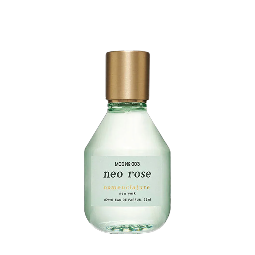 Flasche des Parfüms "neo rose" von "nomenclature" mit goldener Kappe und klarer Glasflasche.