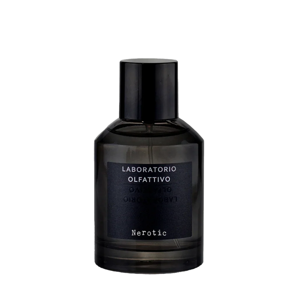 Dunkelglasflakon mit schwarzem Etikett, beschriftet mit "Laboratorio Olfattivo" und "Nerotic", von Laboratorio Olfattivo.