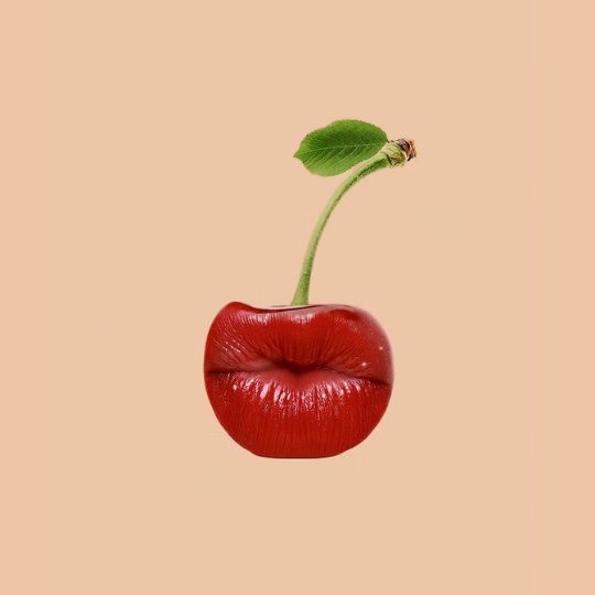 New Notes Latte di Cherry Extrait de Parfum, kreative Kirschgrafik mit roten Lippen als kunstvolle Duftinszenierung, inspiriert von süßen Kirschakkorden, erhältlich bei scent amor.