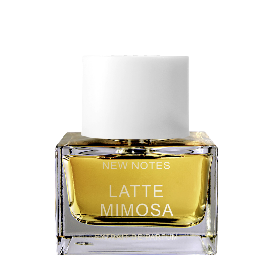 New Notes Latte Mimosa Extrait de Parfum, eleganter goldgelber Flakon mit weißer Kappe im modernen minimalistischen Design, erhältlich bei scent amor.