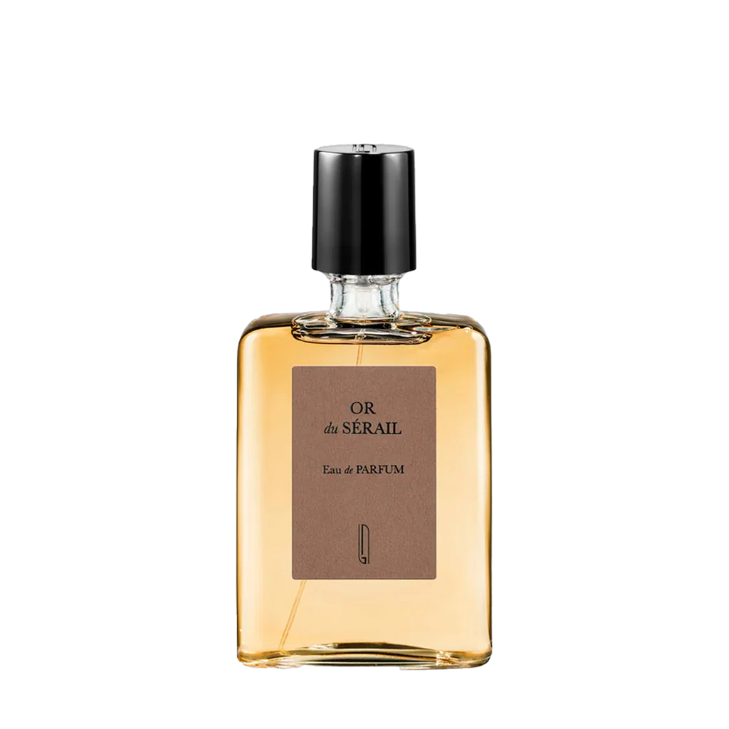 Parfümflakon "Or du Sérail" von Naomi Goodsir. Rechteckige Glasflasche mit schwarzem Verschluss und braunem Etikett.