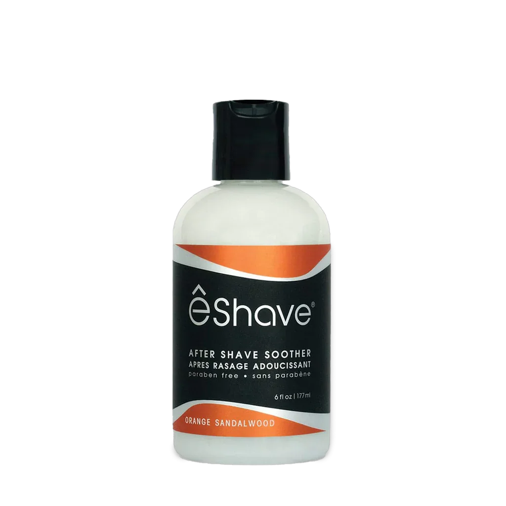 Flasche "Lotion Orange Sandalwood" von eShave, weiß mit schwarzem Deckel und orangem Etikett.