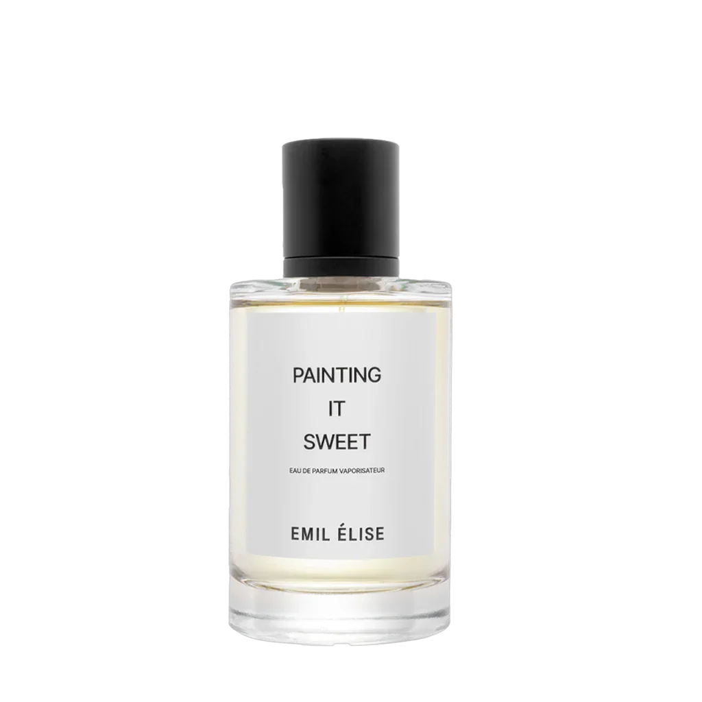 Parfümflasche mit der Aufschrift "Painting it Sweet" von Emil Élise, schwarzer Verschluss, zylindrische Form.