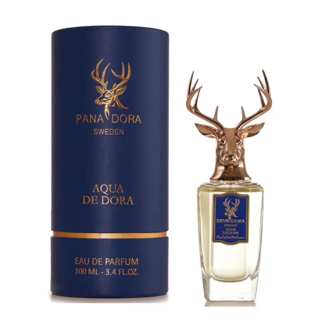 Flakon "Aqua de Dora" von Pana Dora mit goldenem Hirschkopfverschluss und passender blauer Verpackung.