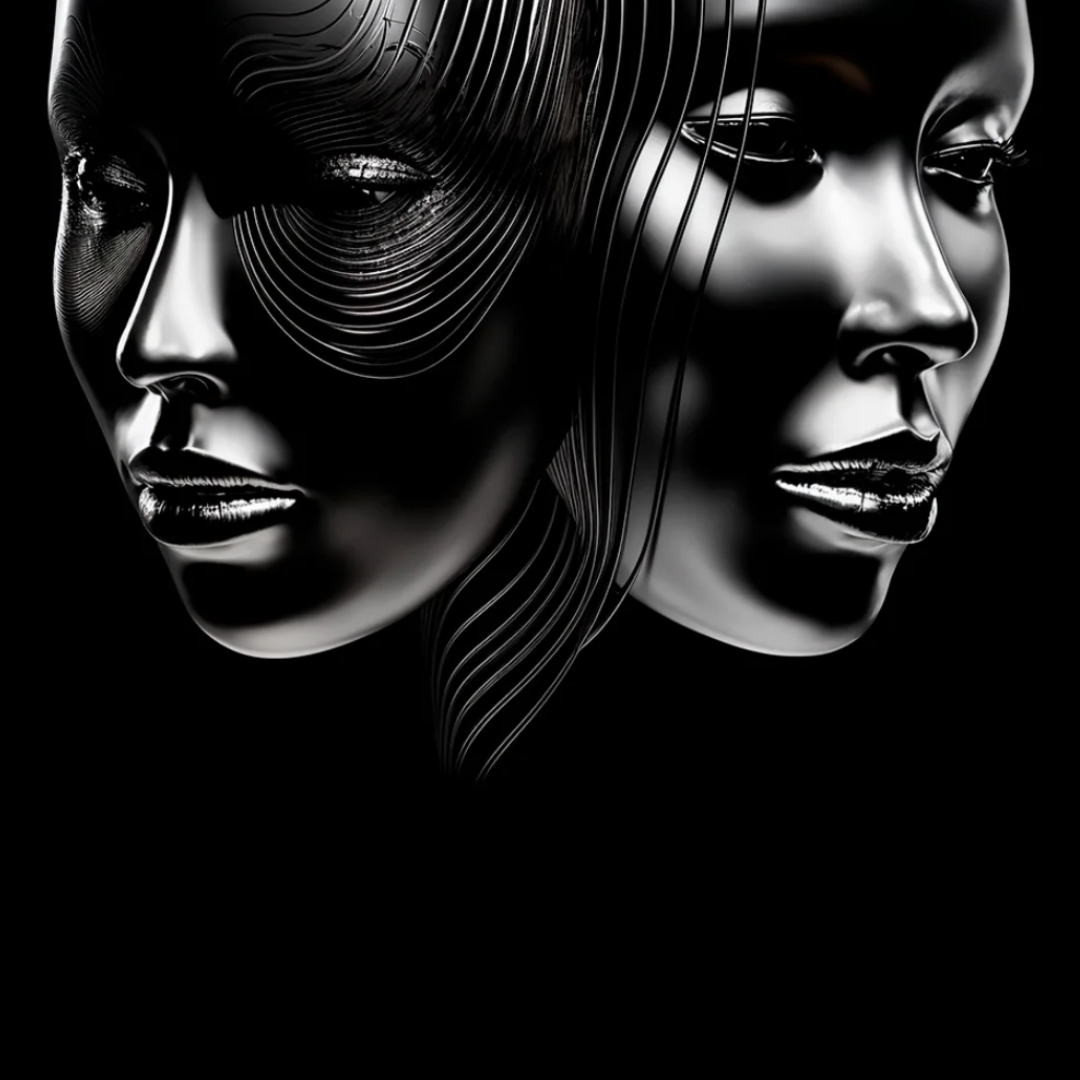 Première Peau Nuit Élastique Extrait de Parfum – künstlerisches Artwork mit schwarzen, abstrakten Gesichtern als Sinnbild für Spannung und Dunkelheit bei scent amor