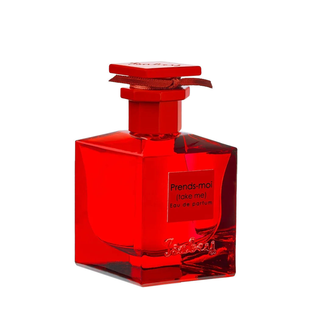 Roter, kubischer Parfümflakon "Prends-moi" von Isabey mit rotem Verschluss und Aufschrift.