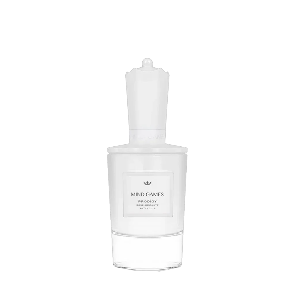 Flakon des Prodigy Eau de Parfum von Mind Games, zylindrisch, weiß mit einem eleganten runden Verschluss.