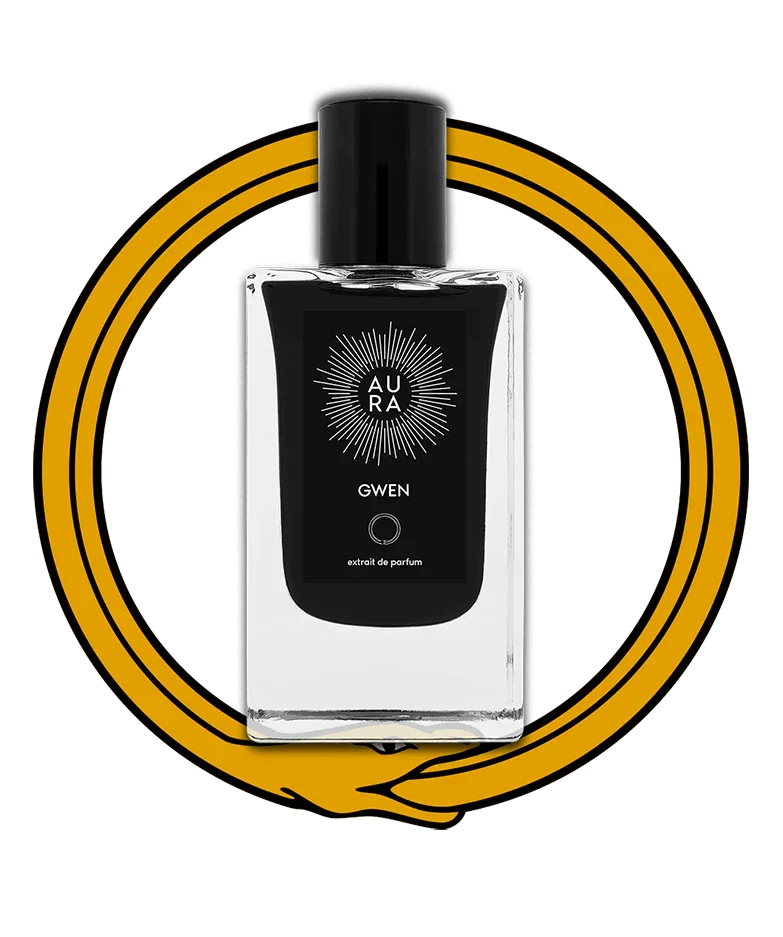 Parfümflasche "Gwen" von Aura Perfume, klar und rechteckig mit schwarzem Etikett und goldenem Kreisdekor.