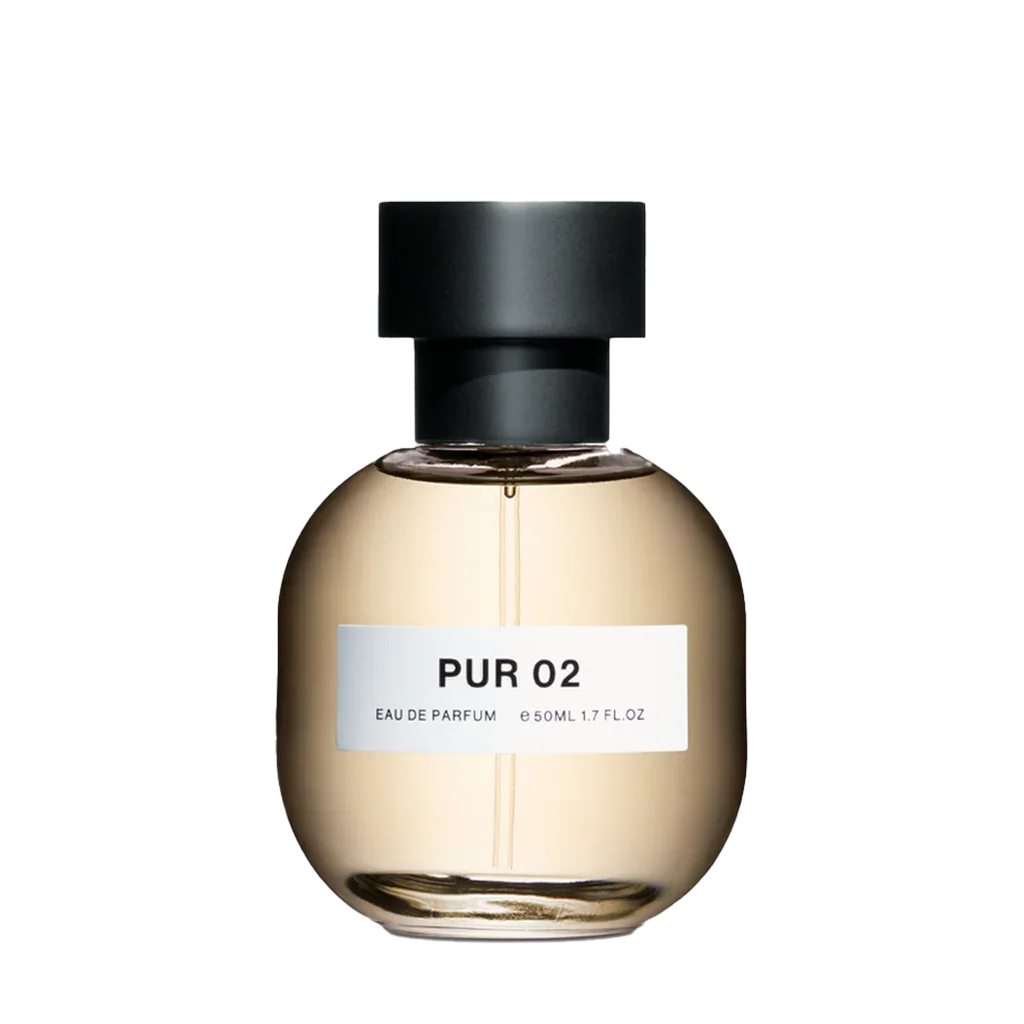 Klarglas-Parfümflasche "PUR 02" von SON VENÏN mit schwarzem Verschluss und Etikett auf der Vorderseite.