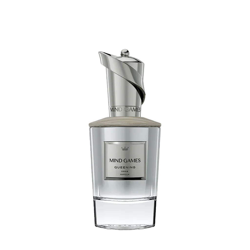 Flakon mit silbernem Metalldeckel, darunter das Etikett "Mind Games Queening". Produkt von Mind Games.