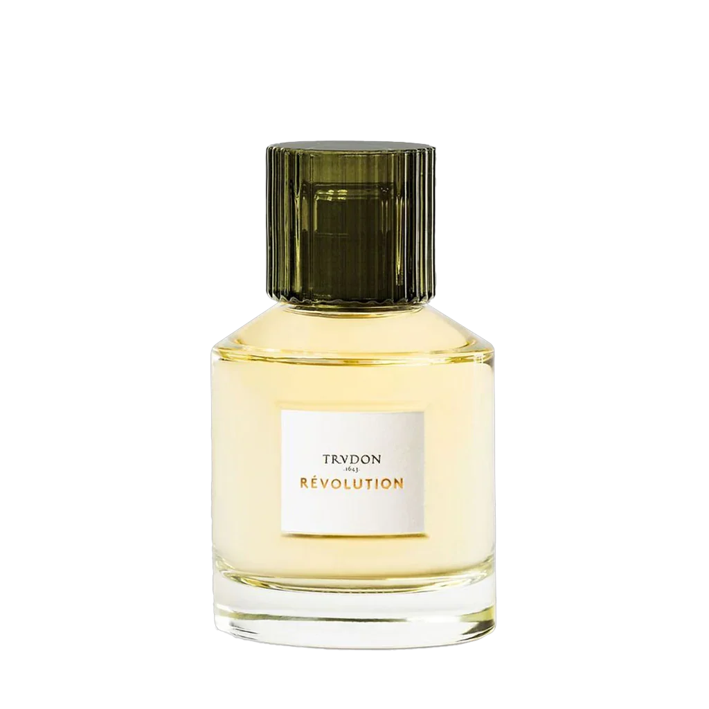 Parfümflakon "RÉVOLUTION" von Trudon, mit transparentem Glas und dunklem Flaschenhals, Etikett auf der Vorderseite präsentiert bei scent amor dem Spezialisten für die besten Nischendüfte