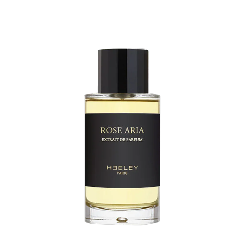 Flakon mit schwarzem Etikett und schwarzem Deckel, enthält "Rose Aria" Extrait de Parfum von Heeley.