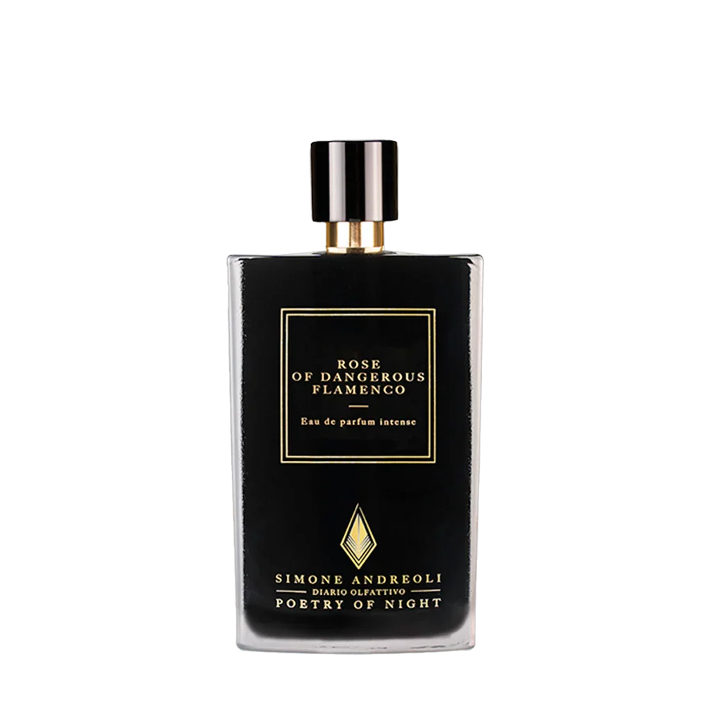 Schwarzes Parfümflakon "ROSE OF DANGEROUS FLAMENCO" von Simone Andreoli mit goldener Schrift und Kappe.