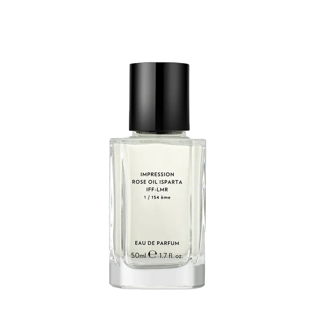 Klares Glasflakon mit schwarzem Deckel, 50 ml, "Rose Oil Isparta" von Ostens beschriftet.