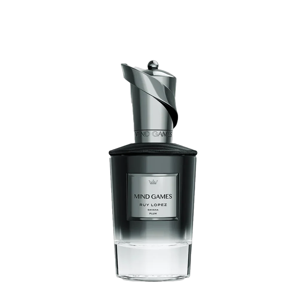 Parfümflakon "Ruy Lopez" von Mind Games mit silbernem Verschluss und klarer Glasflasche, elegant gestaltet.