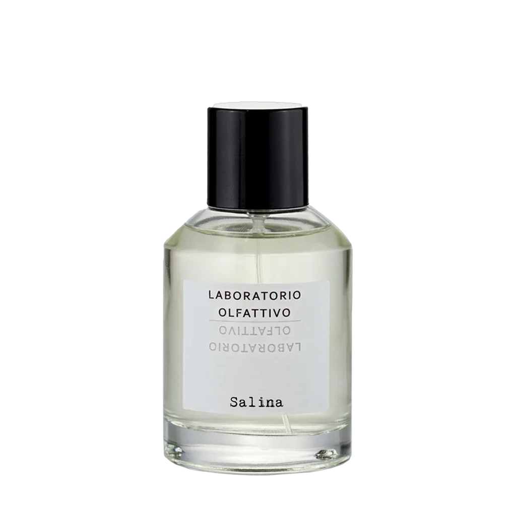 Parfumflasche "Salina" von Laboratorio Olfattivo, transparentes Glas mit schwarzem Verschluss und weißem Etikett.