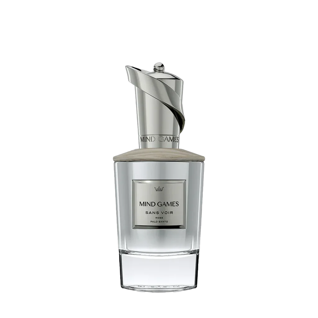 "Sans Voir" von Mind Games; silberne Parfümflasche mit graviertem Deckel und Etikett auf der Vorderseite.