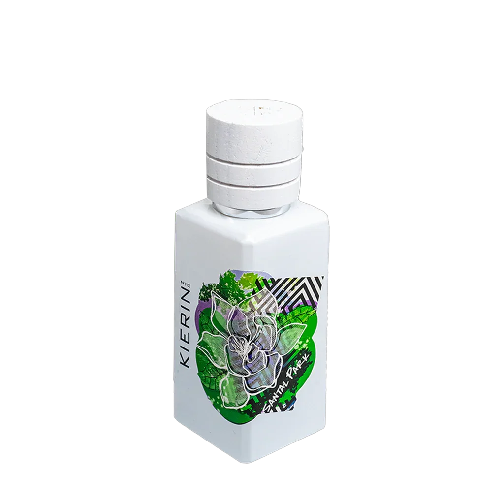 Weiße rechteckige Flasche mit grünem und violettem grafischem Design. Aufschrift "Kierin NYC" und Titel "Santal Park" sichtbar.