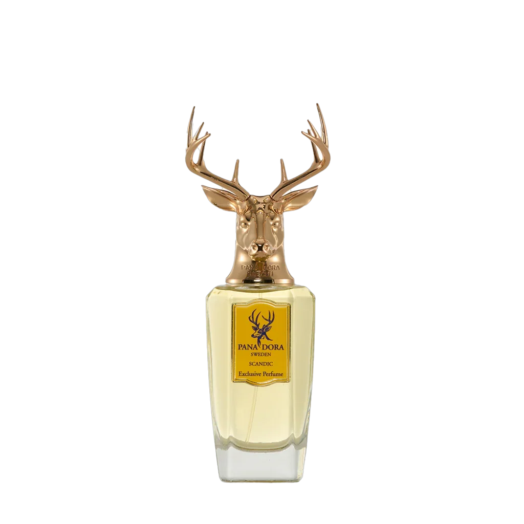 Transparente Parfümflasche mit goldener Hirschkopf-Kappe, "Scandic" von Pana Dora, rechteckige Form.