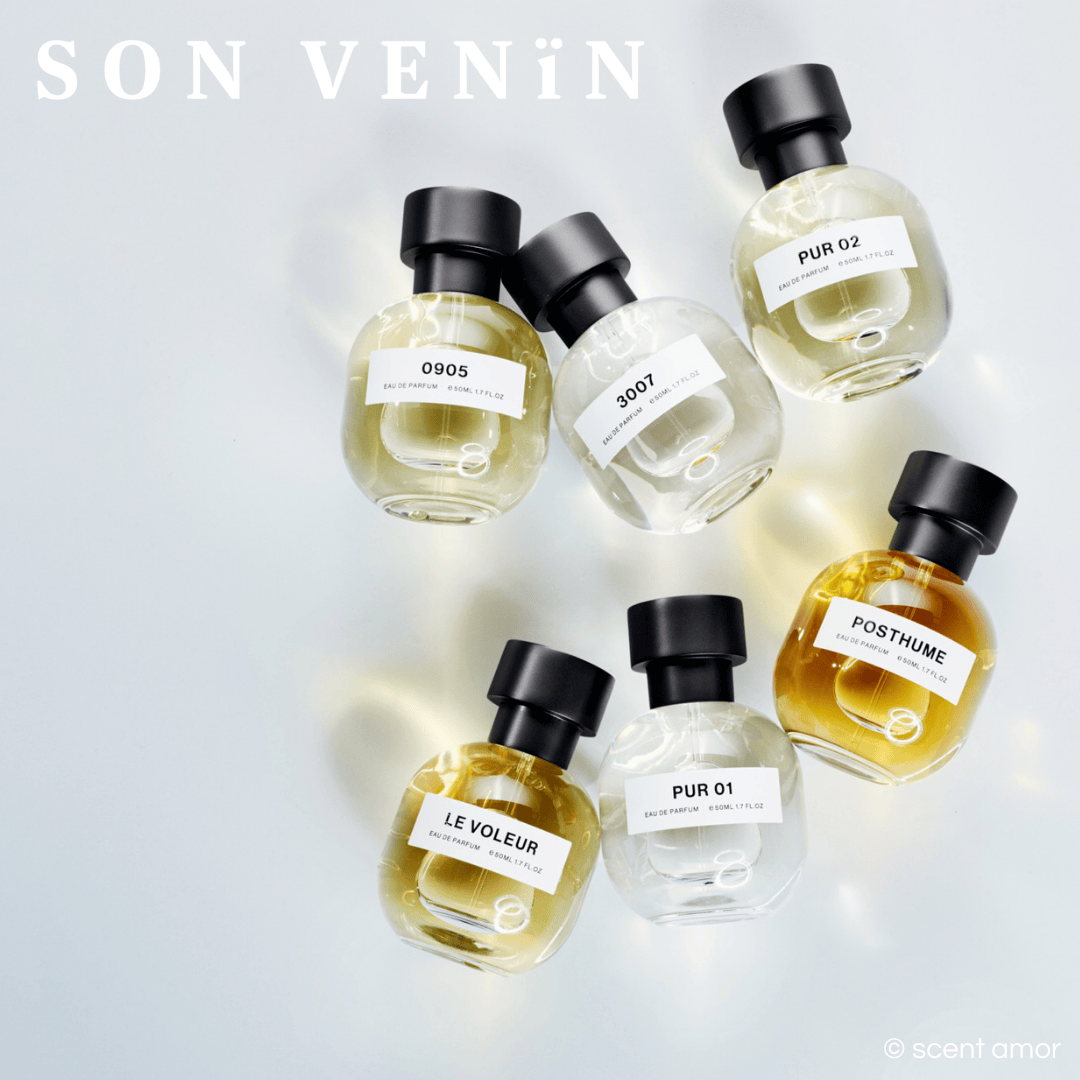 Gruppenbild für die Nischenparfum Marke Son Venin mit sechs Flakons