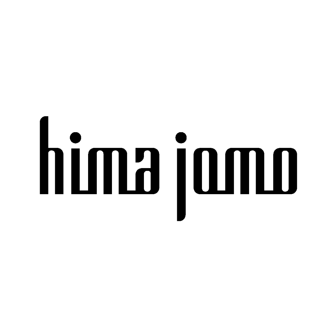 Schwarzer stilisierter Text auf weißem Hintergrund lautet hima jomo in einer modernen, geometrischen Schriftart.