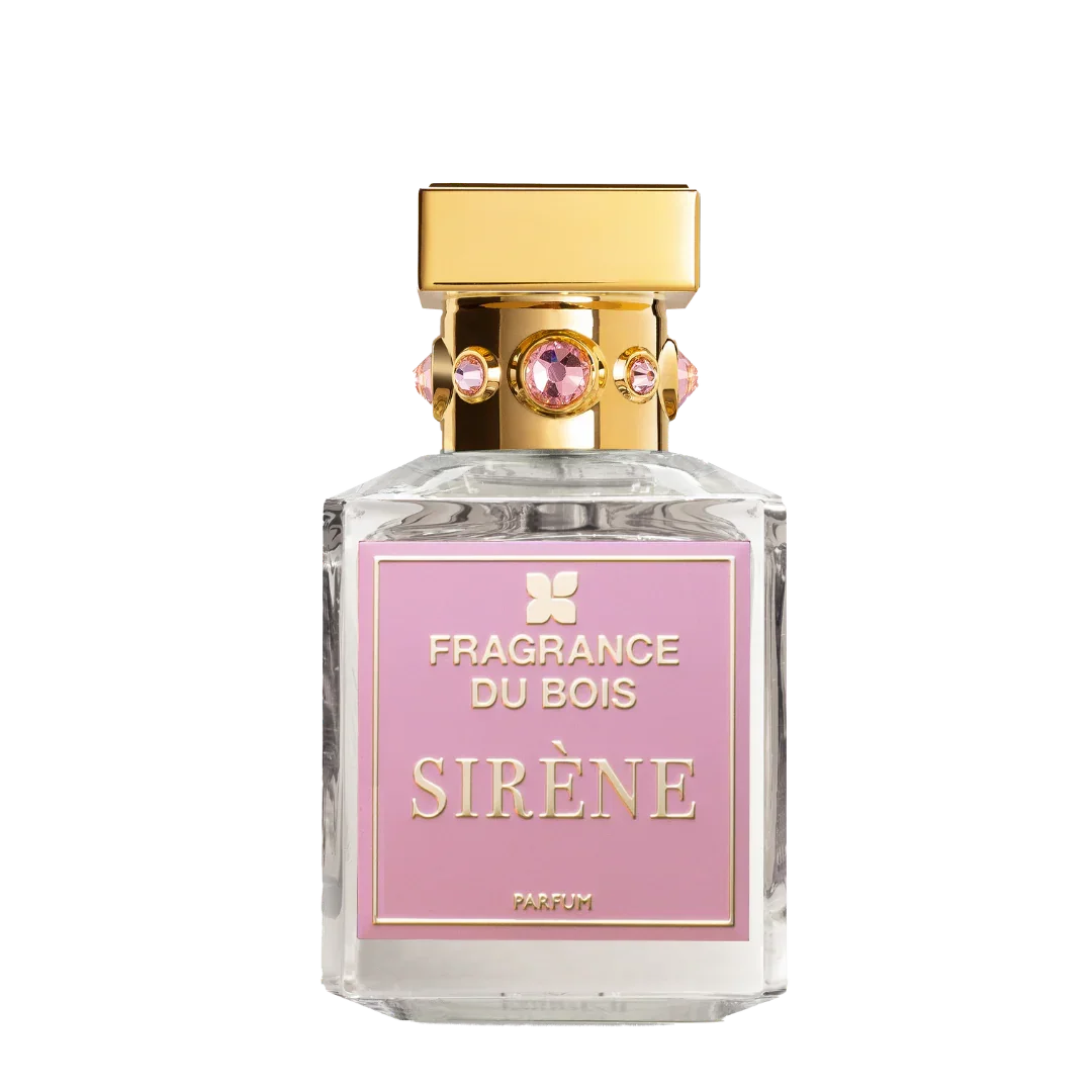 Das Produkt "Sirène" von "FRAGRANCE DU BOIS" zeigt ein elegantes Parfümfläschchen mit goldener Kappe und rosa Etikett.