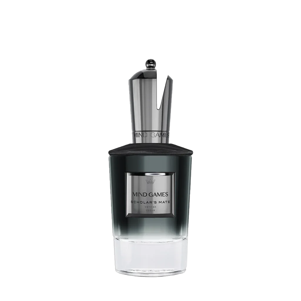 Parfümflakon "Scholar's Mate" von Mind Games in Glasflasche mit silbernem Verschluss und schwarzem Verlauf.
