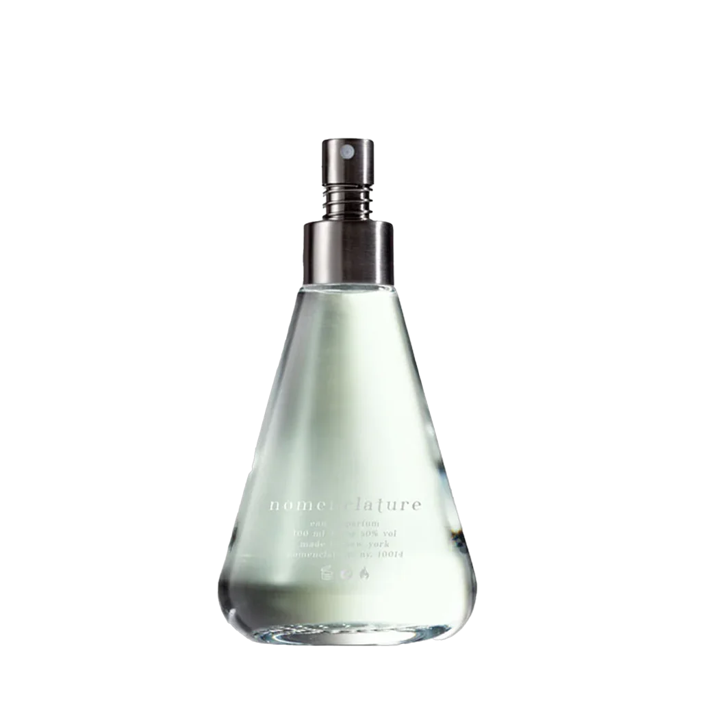 Parfümflasche "shi_so" von nomenclature, konische Form mit silbernem Sprühkopf und transparentem Glas.