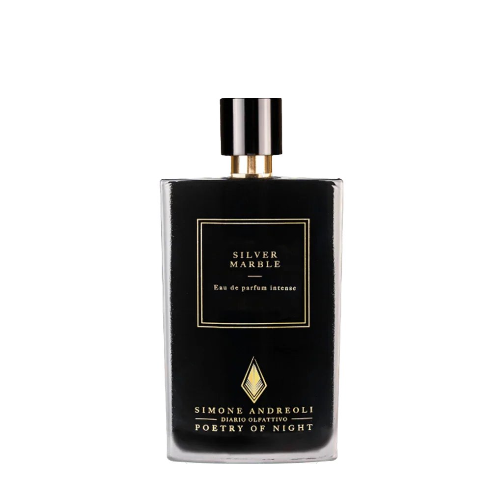 Schwarze Parfumflasche mit goldener Kappe und goldenen Akzenten. Aufschrift: "Silver Marble Eau de Parfum Intense". Hersteller: Simone Andreoli.