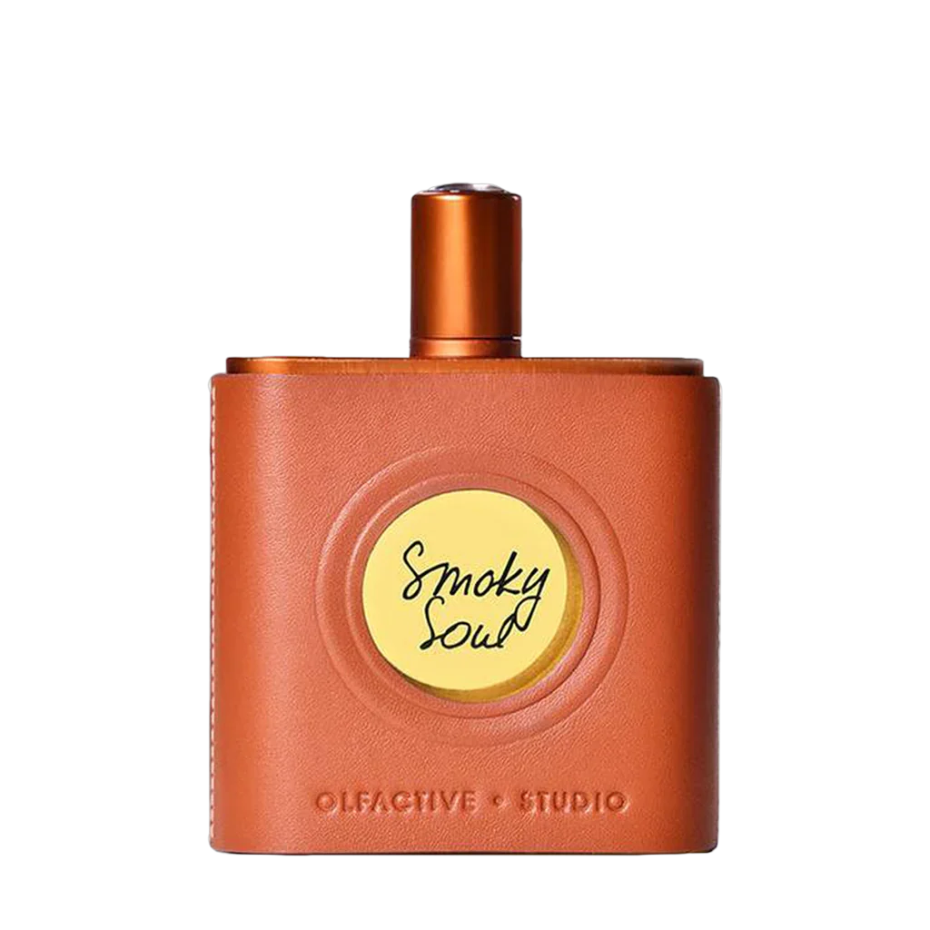 Braune Flasche "Smoky Soul" von Olfactive Studio mit rundem gelbem Etikett und schwarzer Aufschrift.