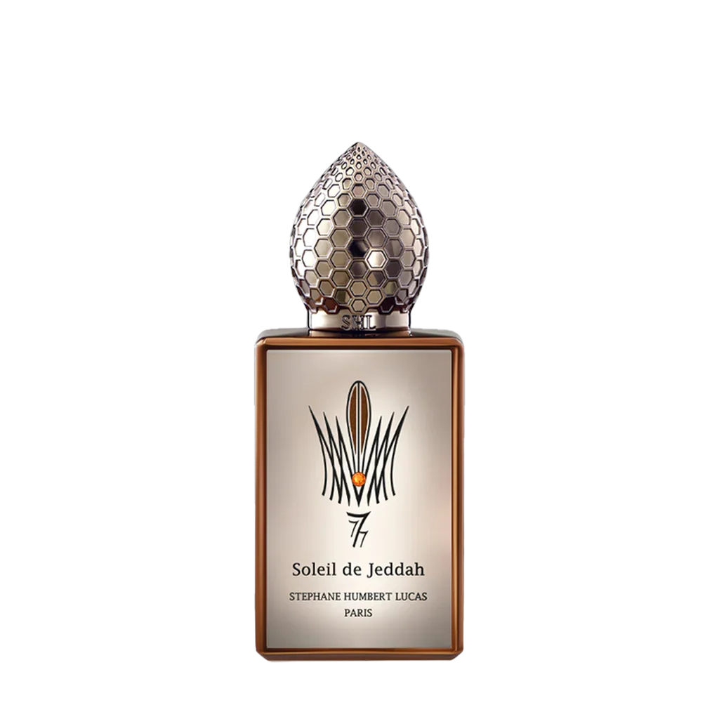 Langflasche mit verzierter Kappe, "Soleil de Jeddah Afterglow" von Stéphane Humbert Lucas, elegantes gold- und silberfarbenes Design.