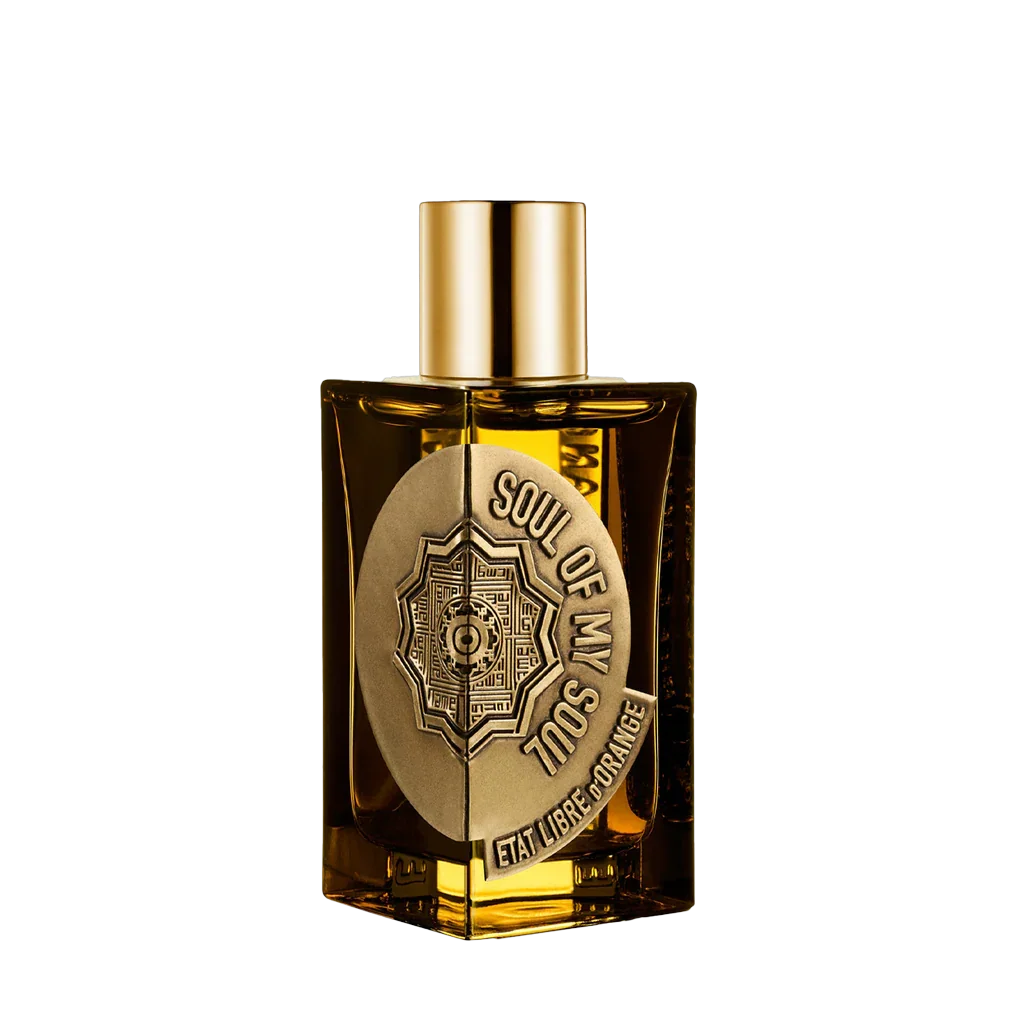 Rechteckiges Parfümflakon mit goldenem Verschluss. Auf dem Etikett steht "Soul of my Soul" von Etat Libre D'Orange.