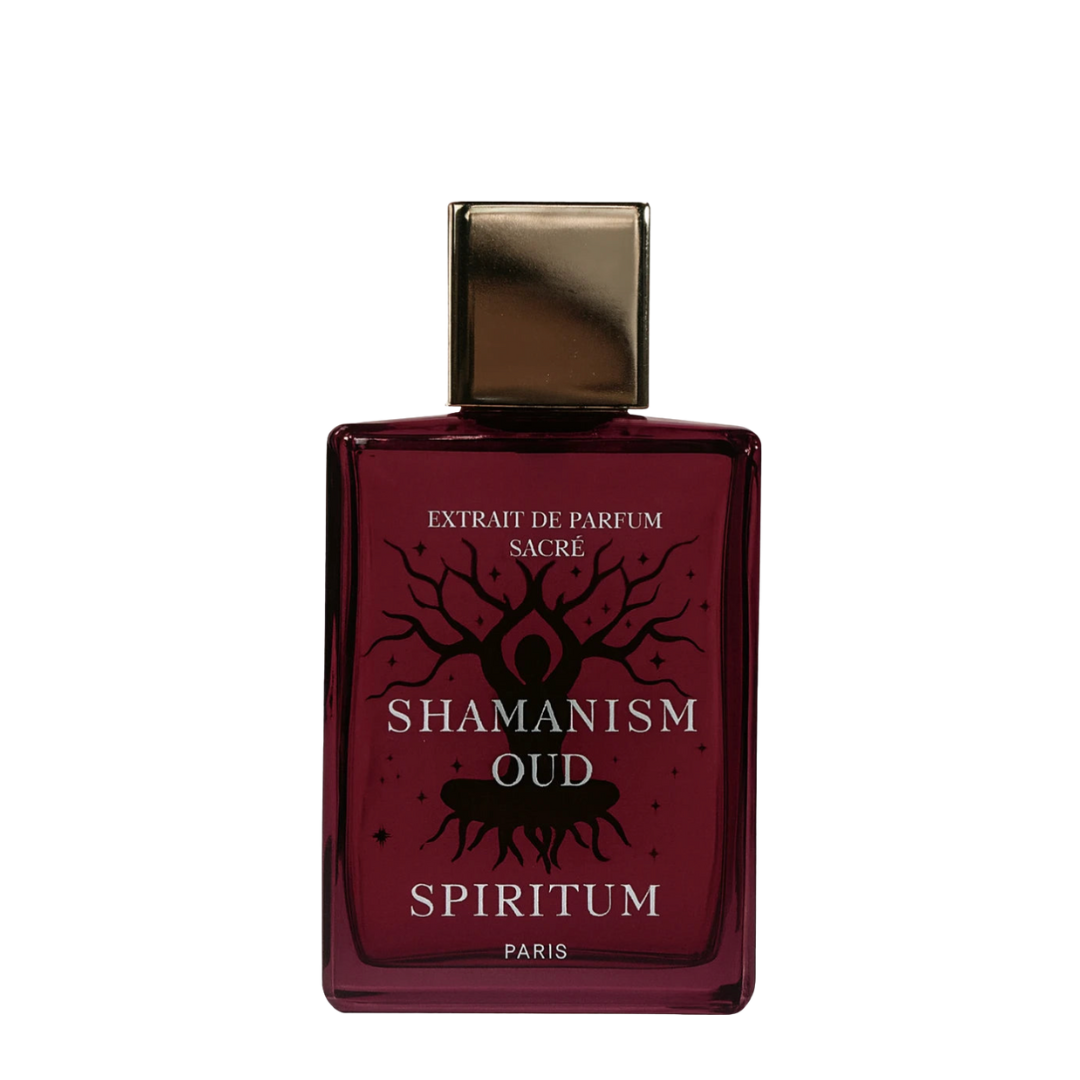 Spiritum Shamanism Oud Extrait de Parfum, freigestellter Flakon in tiefem Bordeaux mit goldener Kappe, mystisch und intensiv, erhältlich bei scent amor.
