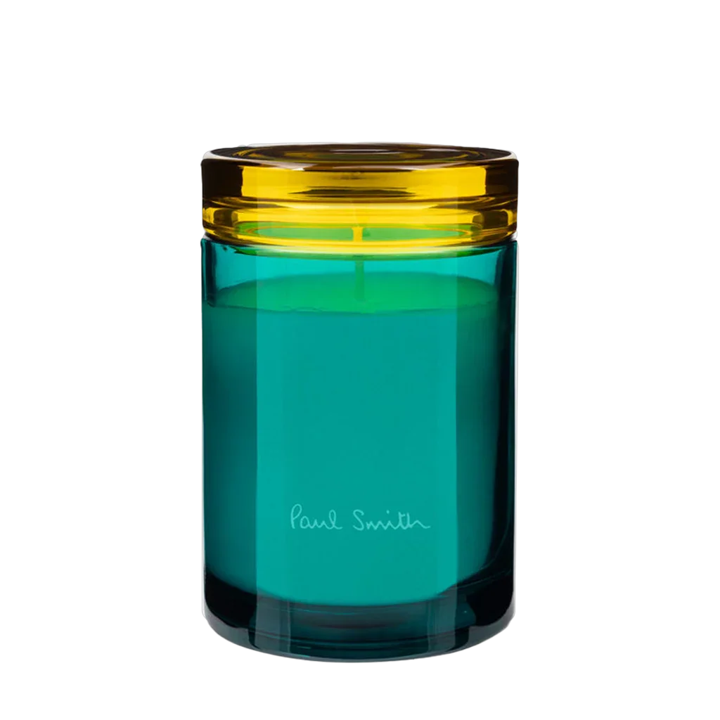 Duftkerze in Glas mit türkisfarbenem Wachs und gelbem Deckel, "Paul Smith"-Logo sichtbar. Titel: Sunseeker Duftkerze. Anbieter: Paul Smith.