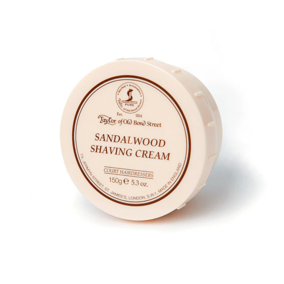 Taylor of Old Bond Street Sandalwood Shaving Cream, Rasiercreme in runder Dose in eleganter Produktpräsentation, traditioneller Barbershop-Duft, erhältlich bei scent amor