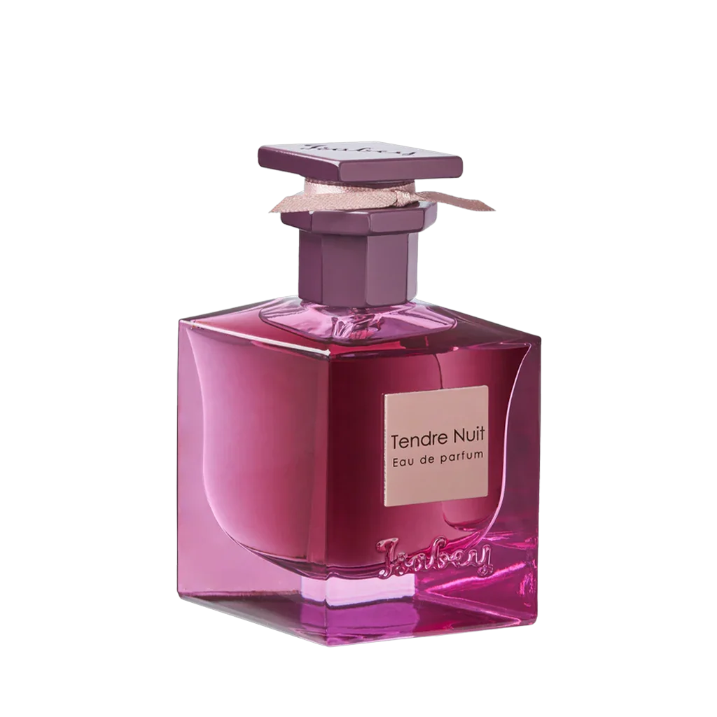 Parfümflakon "Tendre Nuit" von Isabey, quadratisch, aus rosa-lila Glas mit einem maßgeschneiderten Verschluss.