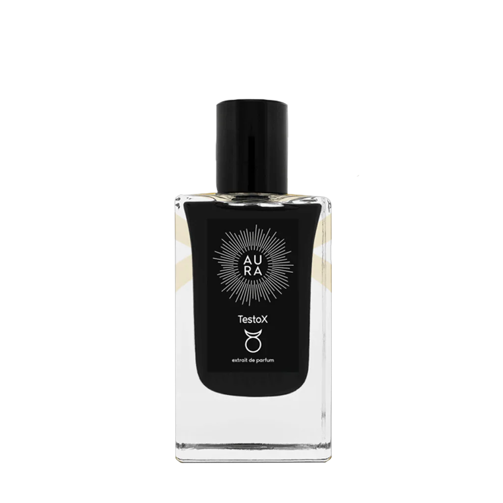 Klares Parfümfläschchen "TestoX" von Aura Perfume mit schwarzem Etikett und schwarzer Verschlusskappe.