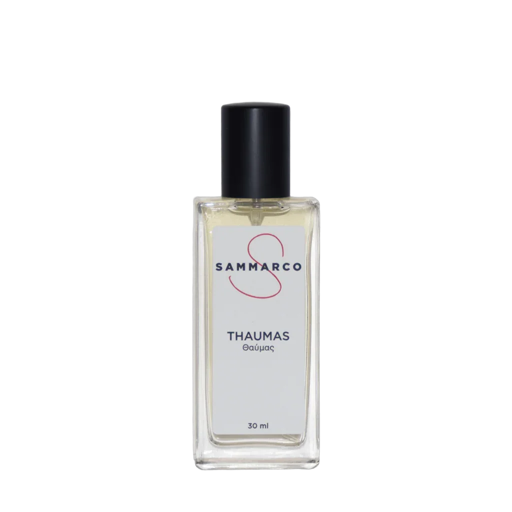 Klare Glasflasche mit 30 ml Duft, schwarzer Verschluss, Etikett mit "SAMMARCO" und "Thaumas" Aufdruck.