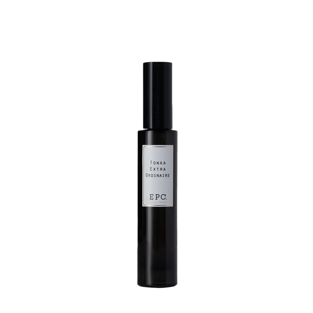 Parfümflasche "Tonka Extraordinaire" von "Experimental Perfume Club", schwarz mit rechteckigem Etikett und schwarzem Deckel.