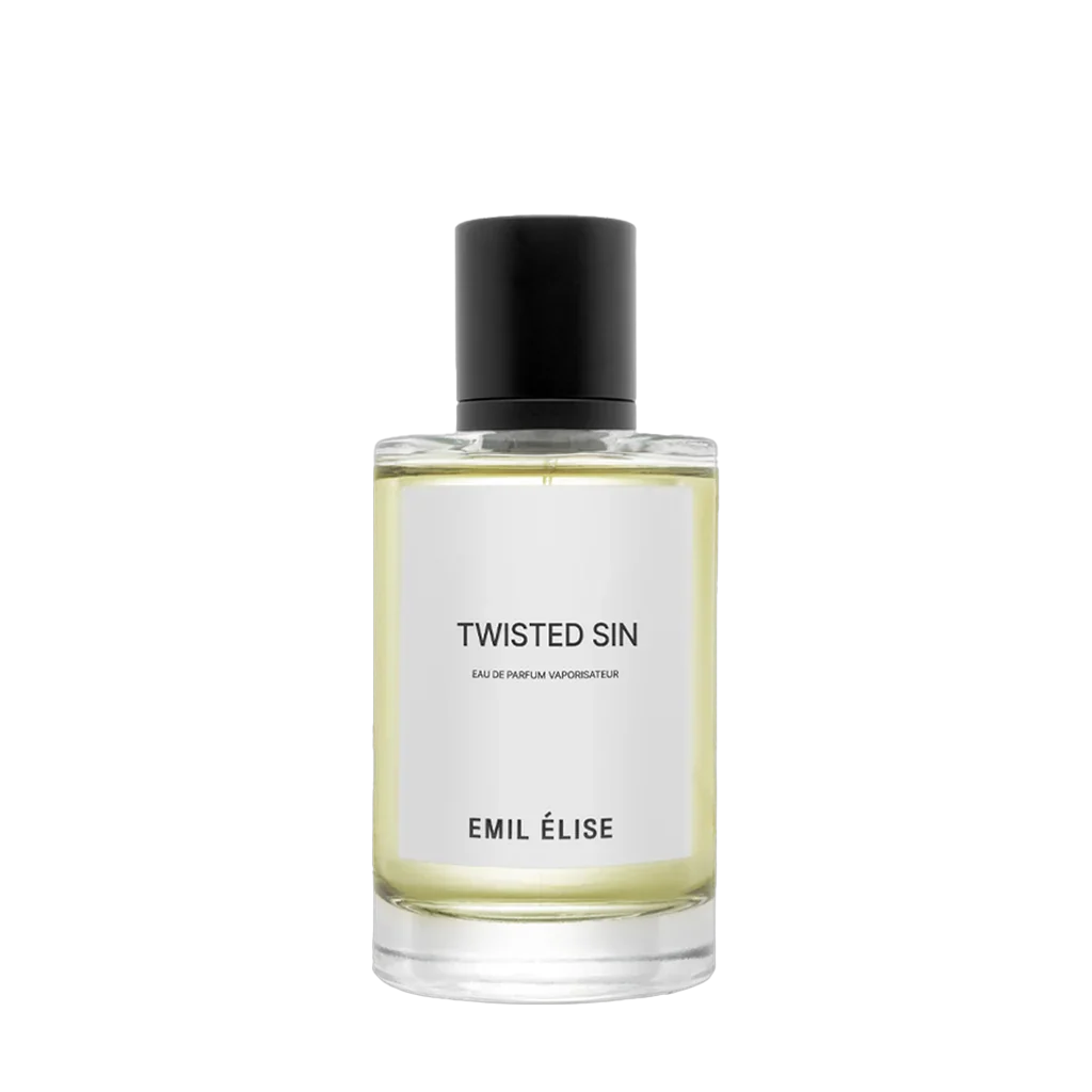 Parfümflasche "Twisted Sin" von Emil Élise. Klare Glasflasche mit goldener Flüssigkeit und schwarzem Verschluss.