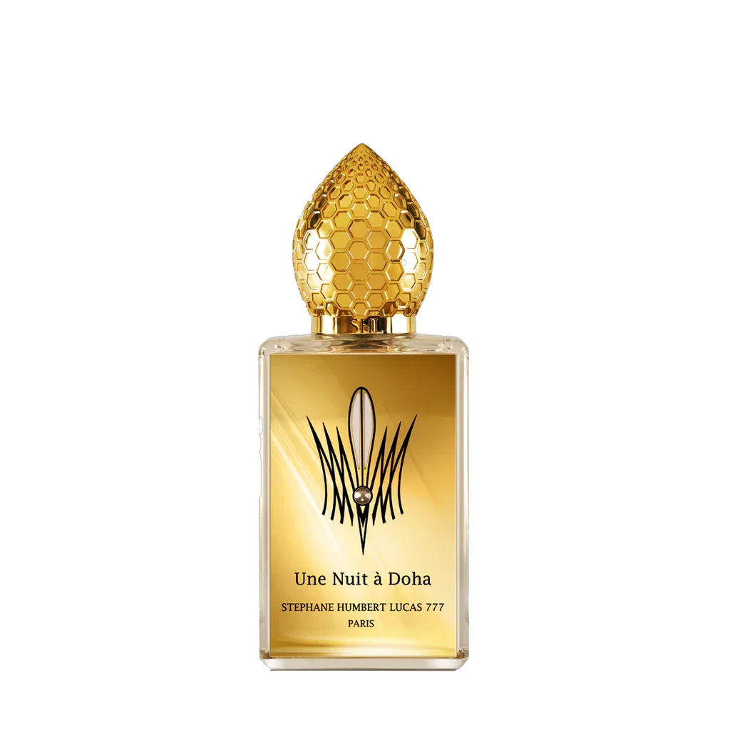 Parfümflakon "Une Nuit à Doha" von Stéphane Humbert Lucas mit goldener Kappe und luxuriösem Design.