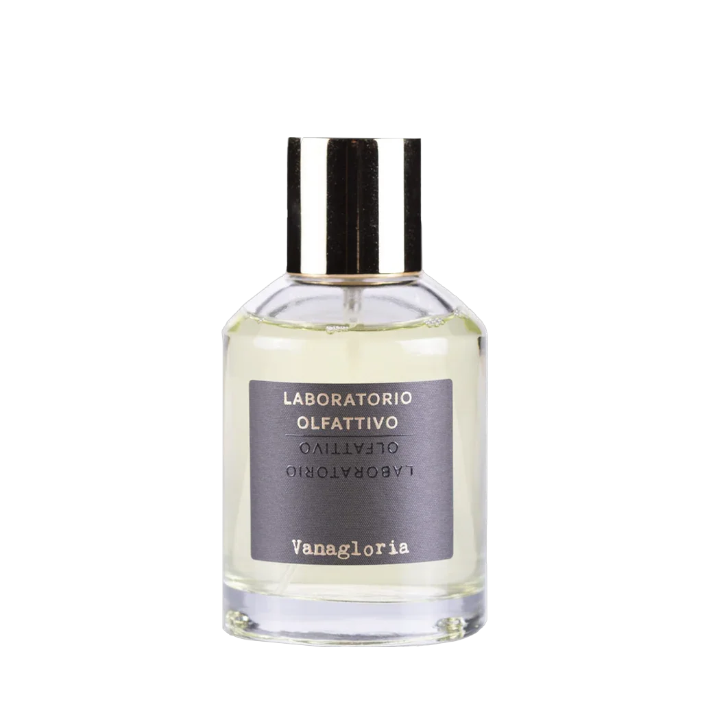 Klare Parfümflasche mit schwarzem Etikett "Laboratorio Olfattivo Vanagloria". Produkt: Master Collection Vanagloria von Laboratorio Olfattivo.