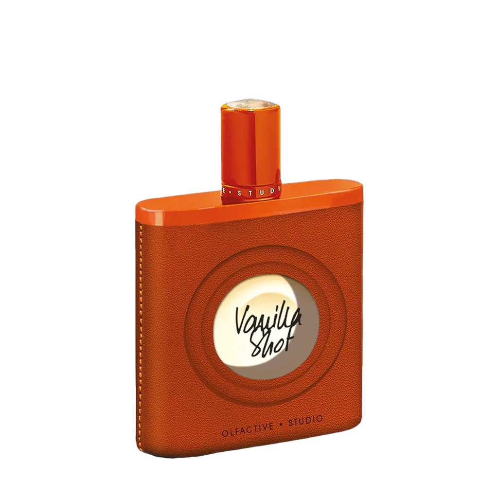 Parfümflasche "Vanilla Shot" von Olfactive Studio, orangebraunes Design mit rundem Etikett in der Mitte.