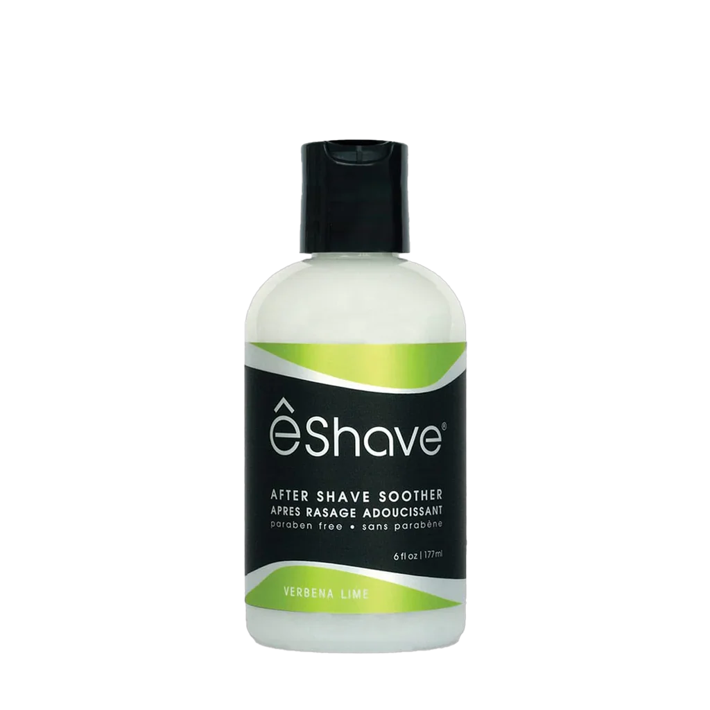 eShave Lotion Verbena Lime, weiße Flasche mit schwarzem Klappdeckel, grüne Etiketten mit Produktinformationen.