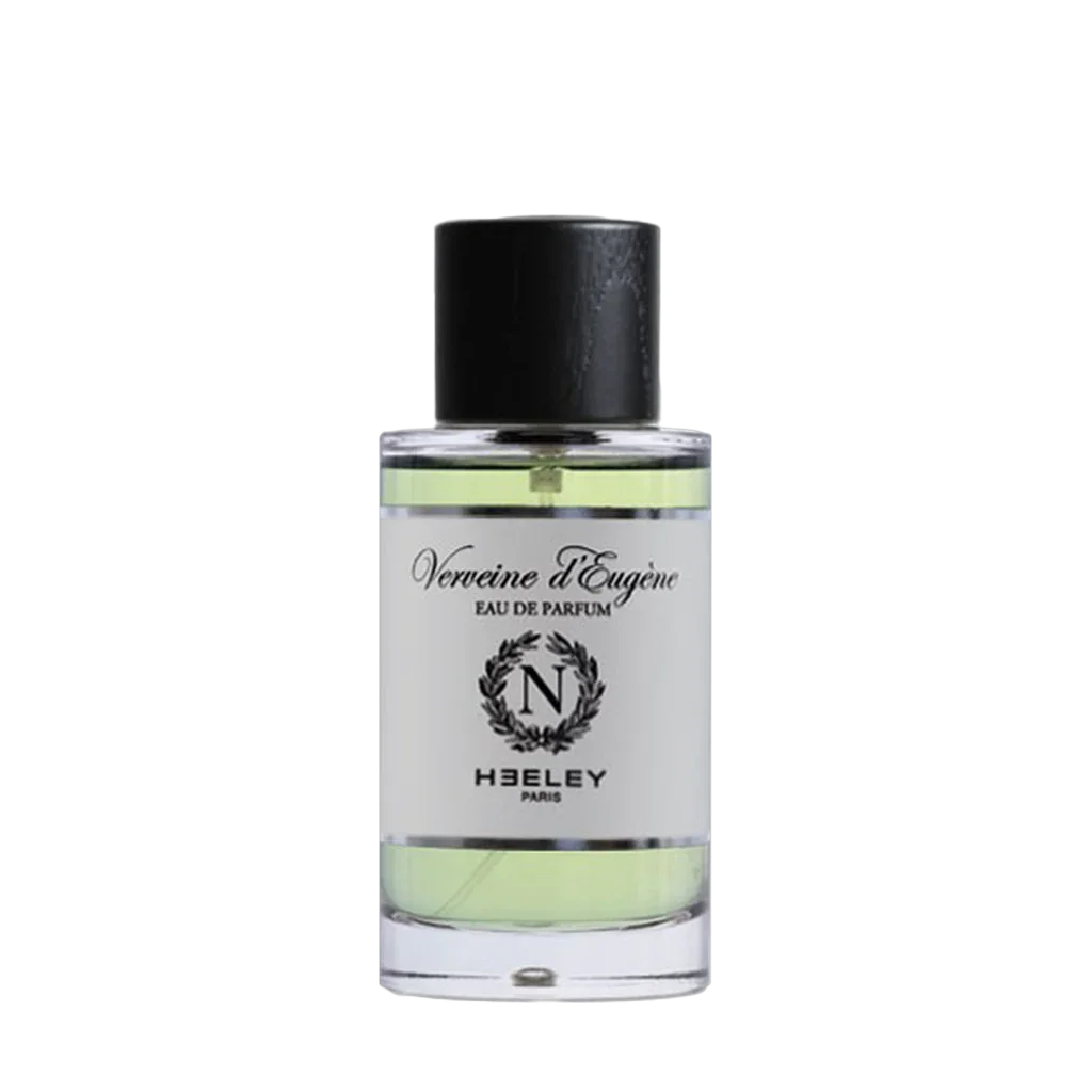 Parfümflasche "Verveine d'Eugène" von Heeley, 100 ml, mit schwarzem Deckel und durchsichtigem Glas, grüner Inhalt.