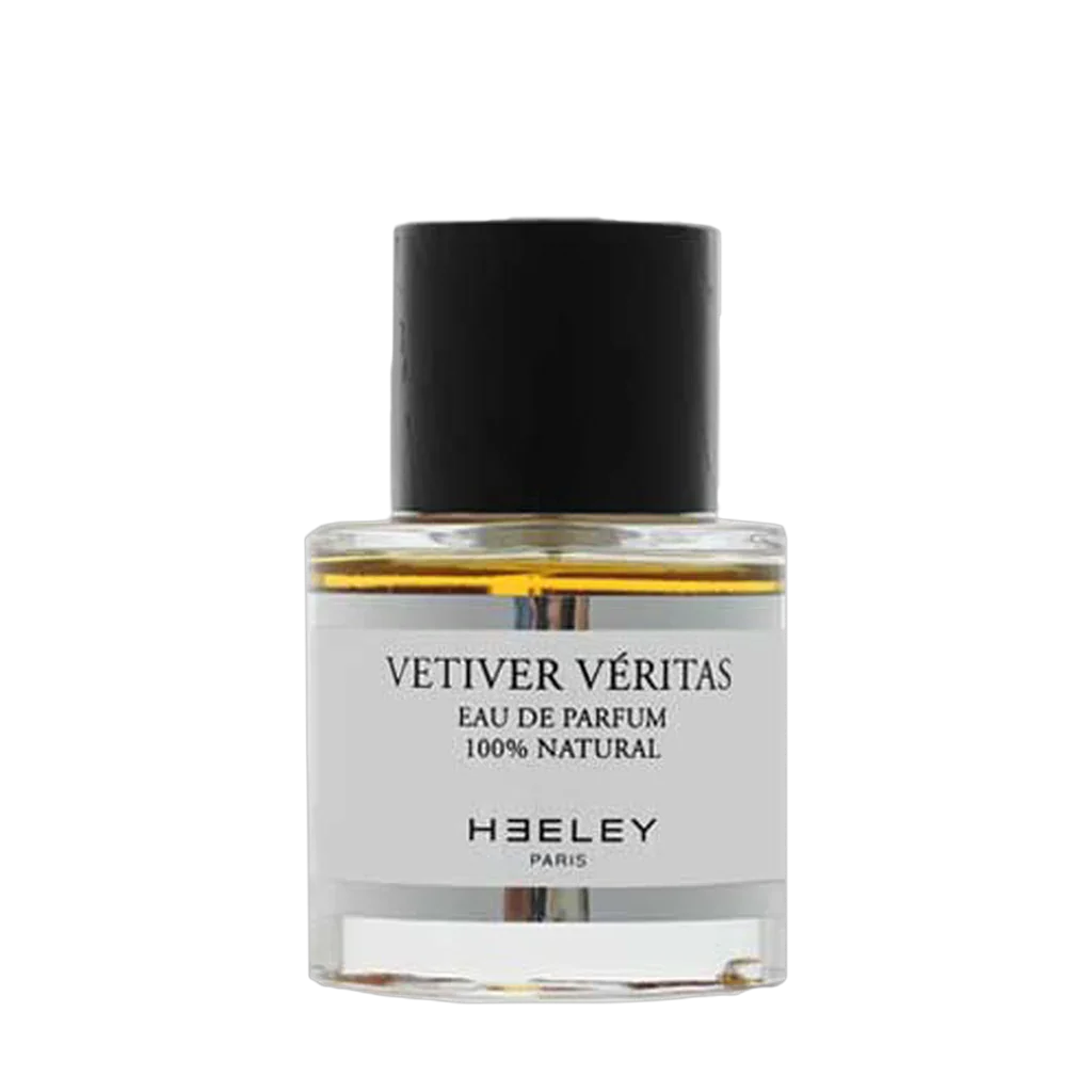 Parfümflasche "Vetiver Veritas" von Heeley, 50 ml, mit schwarzem Verschluss und klarer Beschriftung auf weißem Etikett.