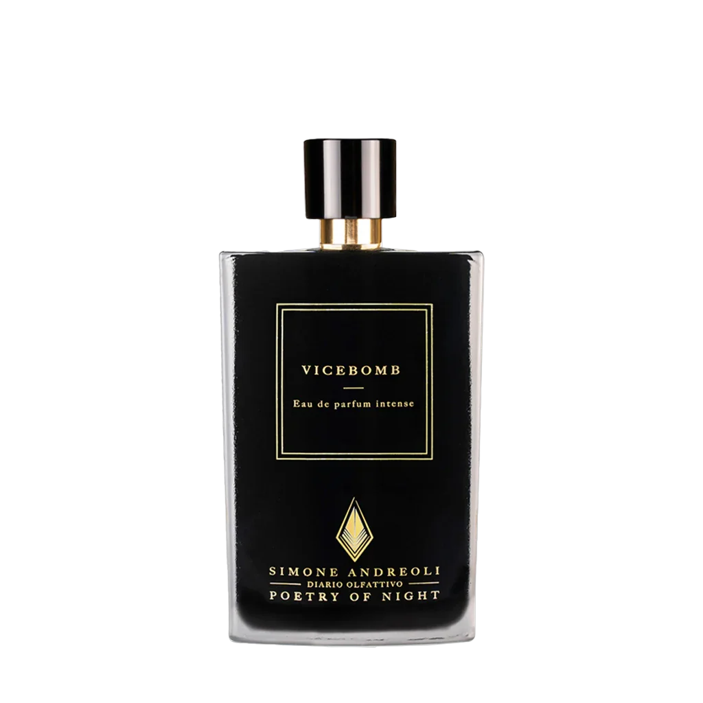 Schwarze Parfümflasche "Vicebomb" von Simone Andreoli mit goldfarbenem Verschluss und Aufschrift auf der Vorderseite.