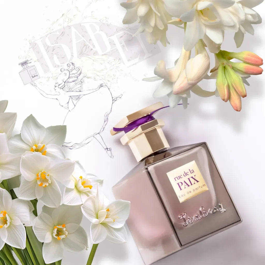 Das "Rue de la Paix Eau de Parfum" von Isabey zeigt ein elegantes Flakon mit violettem Verschluss und florales Design.